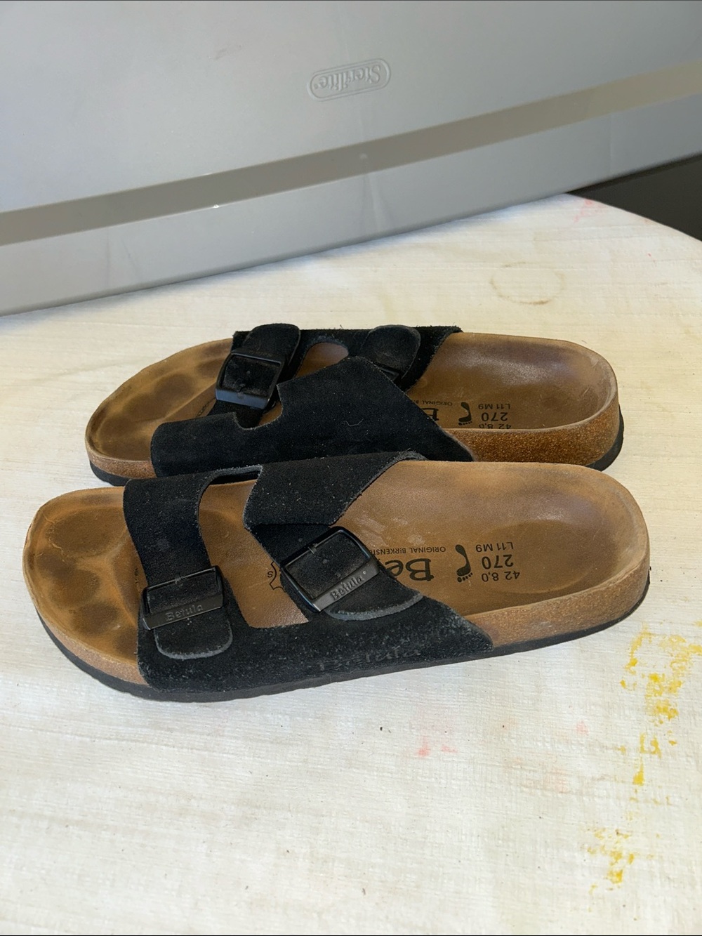 BETULA by Birkenstock Black Suede Kids Two-Strap Slide Sandals unisex. c
